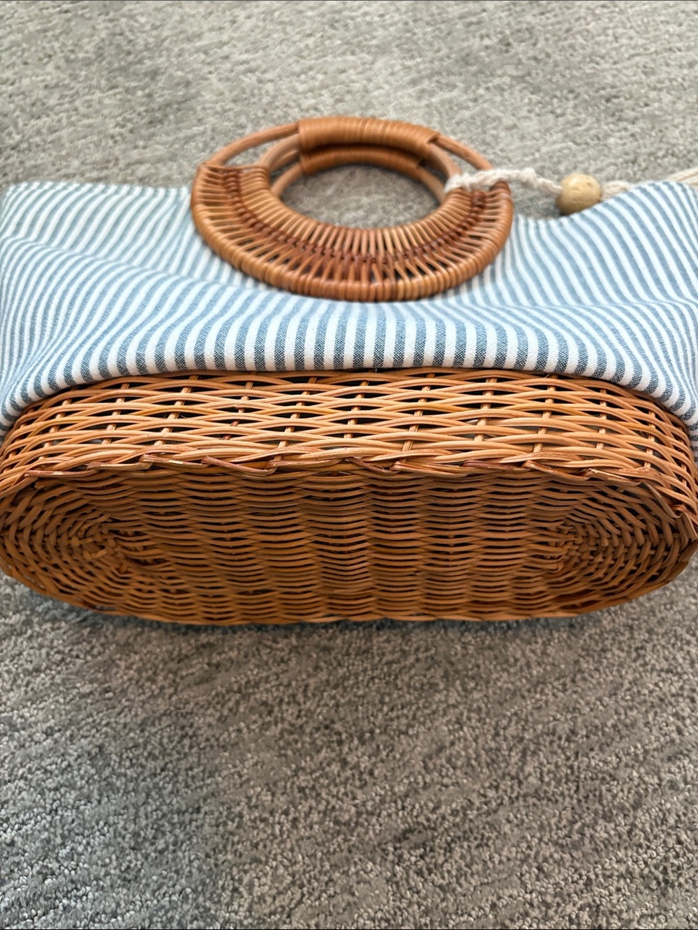 Straw Studios, Striped Canvas and Rattan Tote Bag with Tassel - Blue/White - Picture 2 of 9
